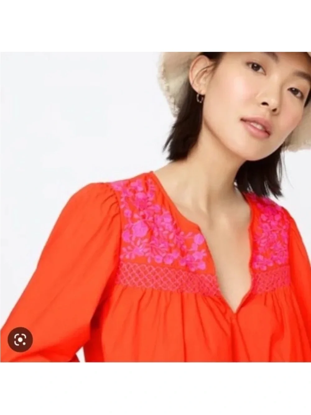 J.Crew Leda Embroidered Popover Dress XS Red Pink Floral Cotton Ruffle Pockets